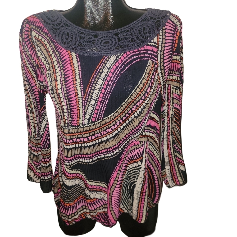 Cleo Multicolor Accordion Pleated Top with Crochet Neckline M